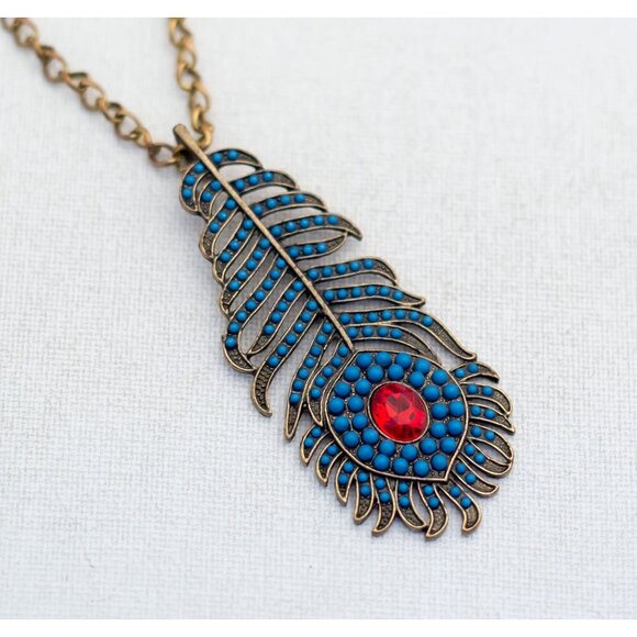 36'' Vintage Blue Peacock Feather Necklace - A7 - Picture 1 of 3